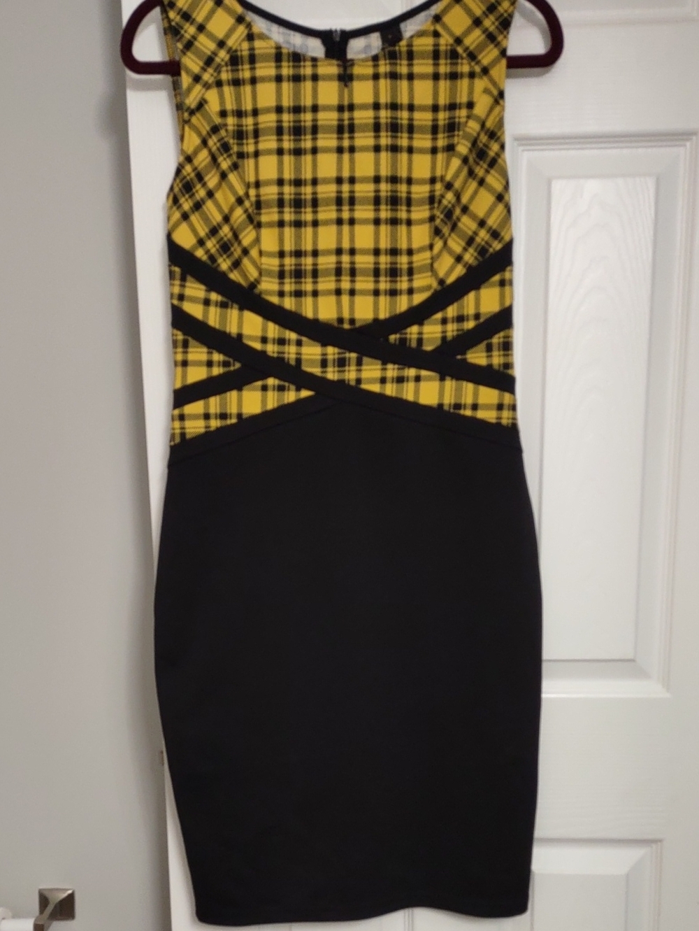 🌟 VFSHOW Yellow Plaid Colorblock Criss-Cross Bodycon Dress - Size Medium